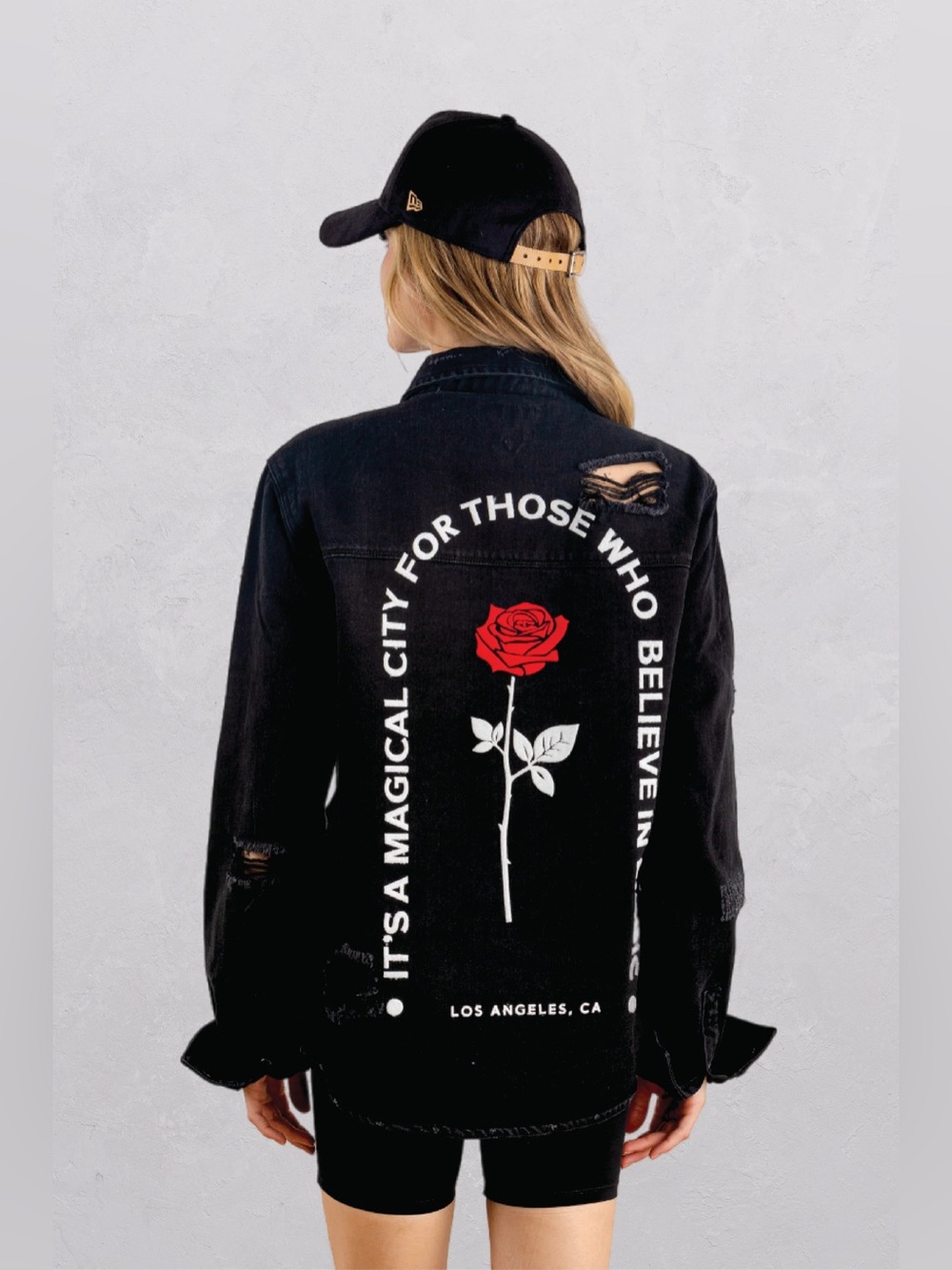 Trio Urban Retail Distressed Black Denim "Magical City" Jacket Rose LA Size M